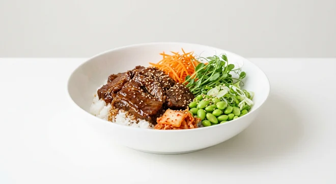 Wagamama Beef Brisket Teriyaki Donburi, teriyaki beef brisket on sticky rice with carrot, pea shoots, edamame, spring onion, sesame seeds and kimchee in a white bowl, nutrition and calories