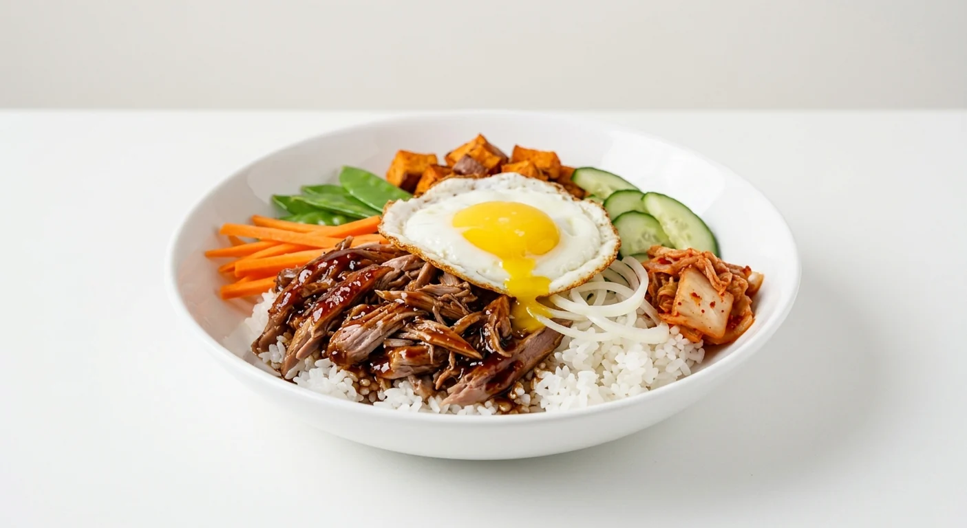 Wagamama Grilled Duck Donburi, spicy teriyaki shredded duck on sticky rice with a fried egg, carrot, mangetout, sweet potato, cucumber, onion and kimchee in a white bowl, nutrition and calories