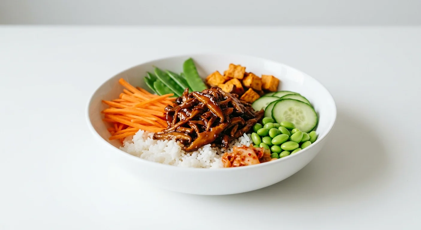 Wagamama Pulled Shiitake Donburi, spicy teriyaki pulled shiitake on sticky rice with carrot, mangetout, sweet potato, cucumber, edamame and kimchee in a white bowl, nutrition and calories