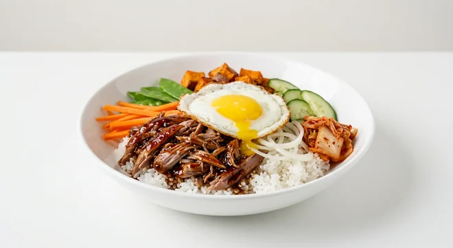 Wagamama Grilled Duck Donburi, spicy teriyaki shredded duck on sticky rice with a fried egg, carrot, mangetout, sweet potato, cucumber, onion and kimchee in a white bowl, nutrition and calories