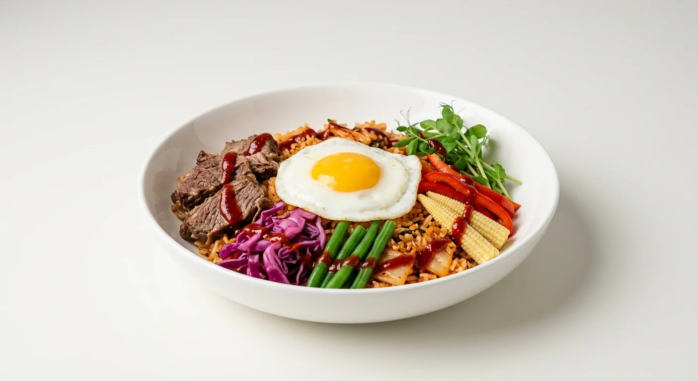 Wagamama Buldak Bibimbap, kimchi fried rice with beef brisket, red cabbage, red pepper, baby corn, green beans, pea shoots, a fried egg and buldak sauce in a white bowl, nutrition and calories