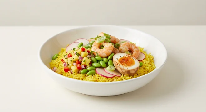 Wagamama Prawn Turmeric Rice Bowl, turmeric rice with prawns, edamame, radish, pineapple salsa, spring onion, half a tea-stained egg and shichimi in a white bowl, nutrition and calories