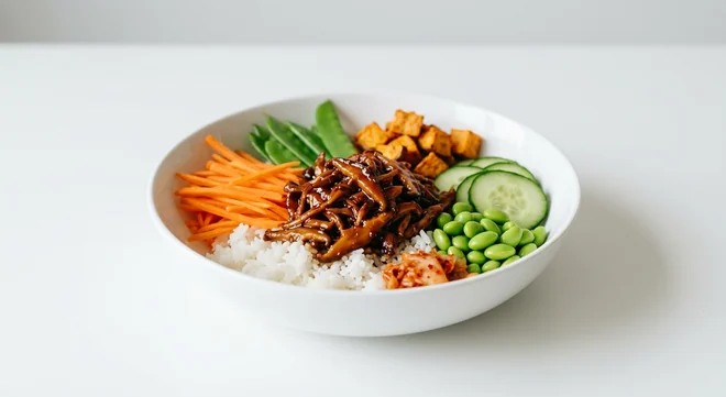 Wagamama Pulled Shiitake Donburi, spicy teriyaki pulled shiitake on sticky rice with carrot, mangetout, sweet potato, cucumber, edamame and kimchee in a white bowl, nutrition and calories