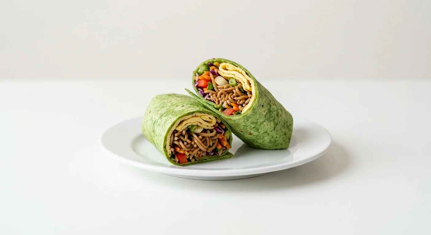 Wagamama Yasai Ramen Wrap, a halved spinach wrap filled with teriyaki soba noodles, vegetables, omelette and spring onion on a white plate, nutrition and calories