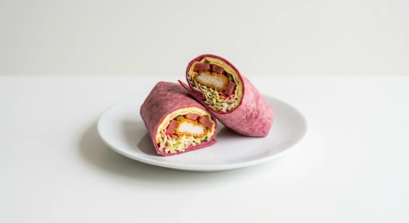 Wagamama Katsu Chicken Wrap, a halved beetroot wrap filled with panko chicken, omelette, slaw and katsu pickles on a white plate, nutrition and calories