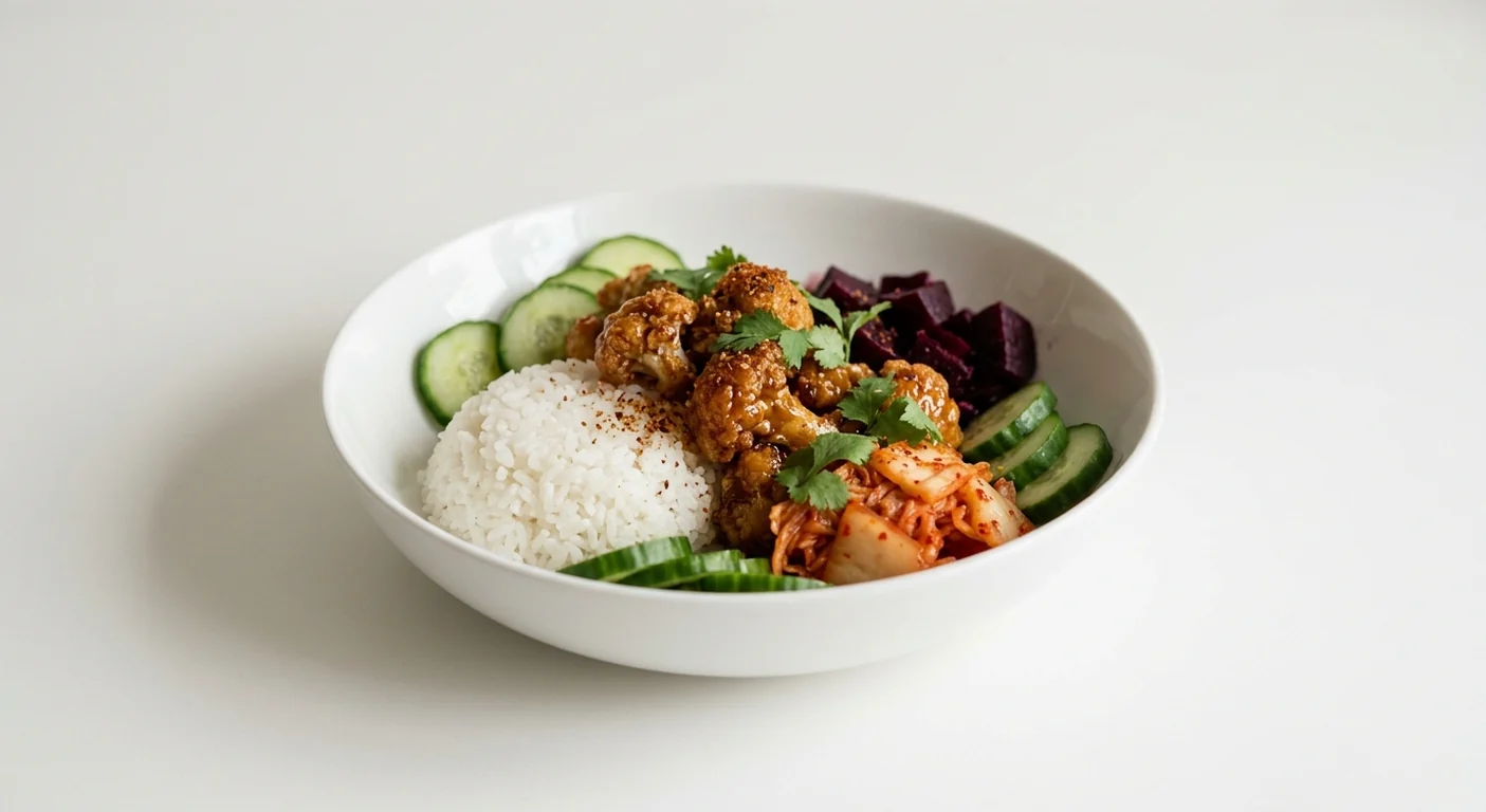 Wagamama Miso Cauliflower Lunch Box, sticky miso Korean fried cauliflower with sticky rice, beetroot, kimchi, cucumber, shichimi and coriander in a white bowl, nutrition and calories