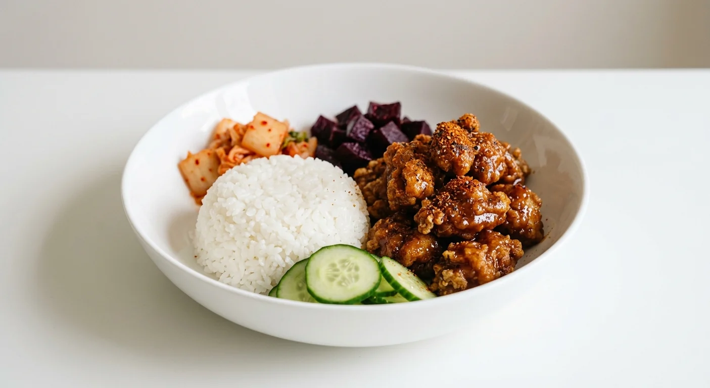 Wagamama Miso K-Chicken Lunch Box, sticky miso Korean fried chicken with sticky rice, beetroot, kimchi, cucumber and shichimi in a white bowl, nutrition and calories