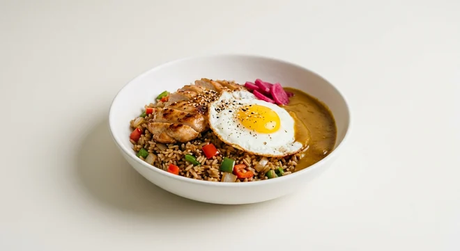 Wagamama Nasi Goreng Lunch Box, teriyaki fried rice with peppers, grilled chicken, a fried egg, katsu curry sauce, pickles and sesame seeds in a white bowl, nutrition and calories