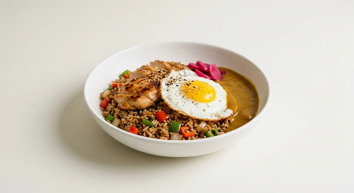 Wagamama Nasi Goreng Lunch Box, teriyaki fried rice with peppers, grilled chicken, a fried egg, katsu curry sauce, pickles and sesame seeds in a white bowl, nutrition and calories