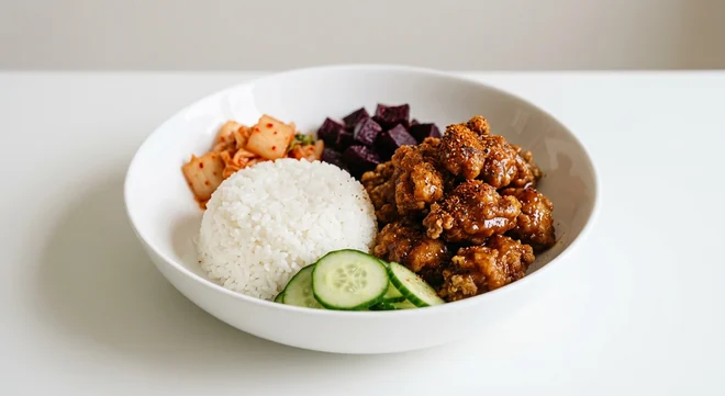 Wagamama Miso K-Chicken Lunch Box, sticky miso Korean fried chicken with sticky rice, beetroot, kimchi, cucumber and shichimi in a white bowl, nutrition and calories