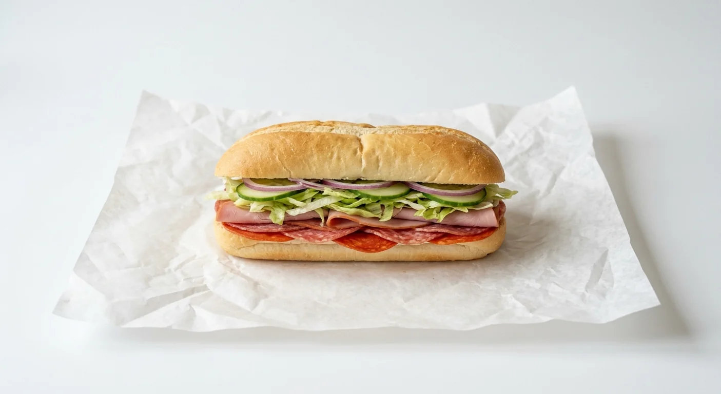Subway Italian B.M.T 6 Inch Sub, pepperoni, salami and ham with lettuce, cucumber and red onion in Italian white bread on white paper, nutrition and calories