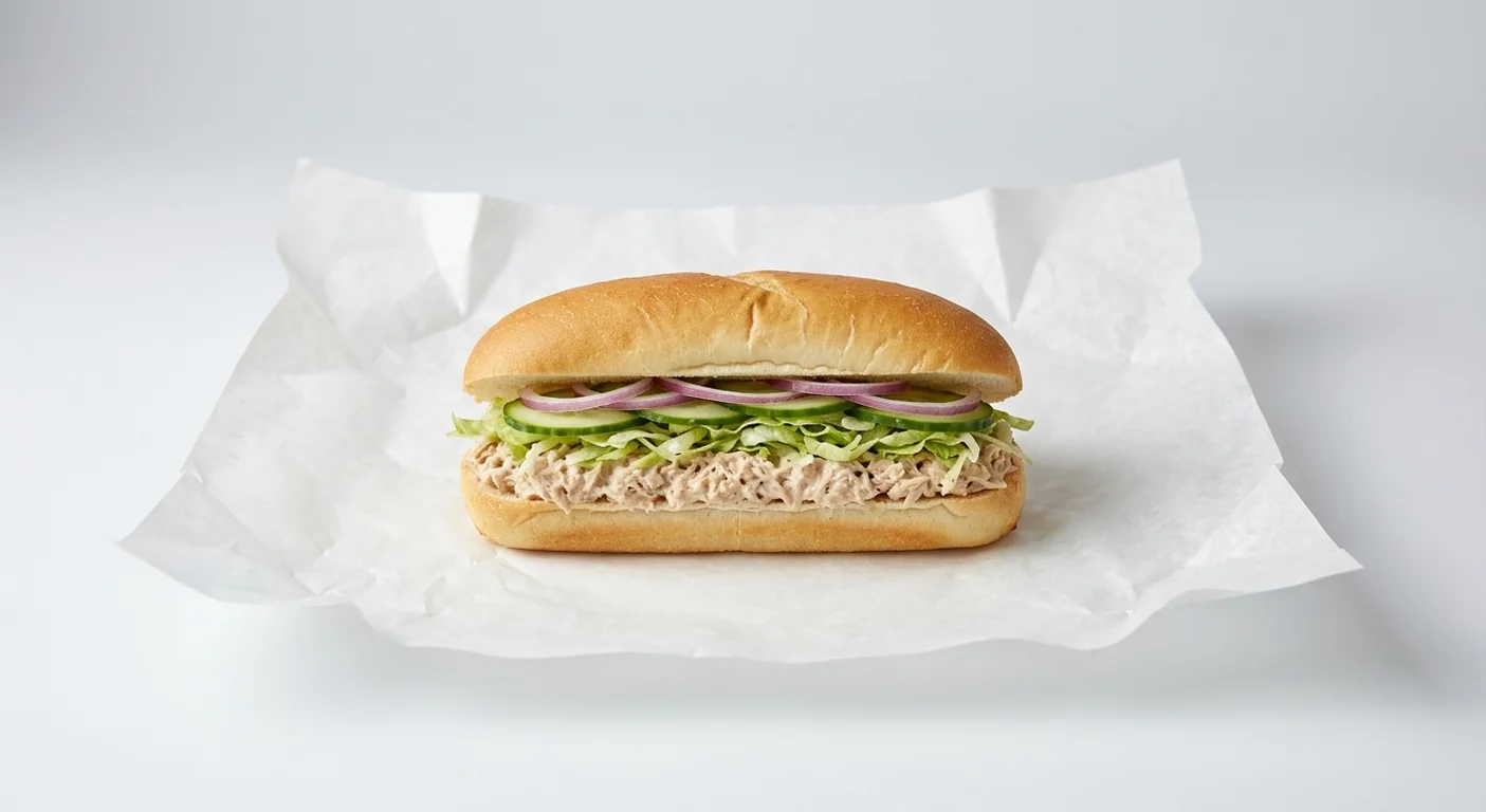 Subway Tuna Mayo 6 Inch Sub, creamy tuna mayo with lettuce, cucumber and red onion in Italian white bread on white paper, nutrition and calories