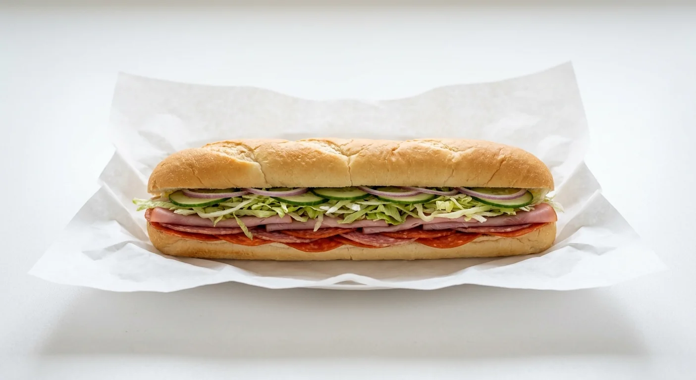 Subway Italian B.M.T Footlong Sub, pepperoni, salami and ham with lettuce, cucumber and red onion in Italian white bread on white paper, nutrition and calories