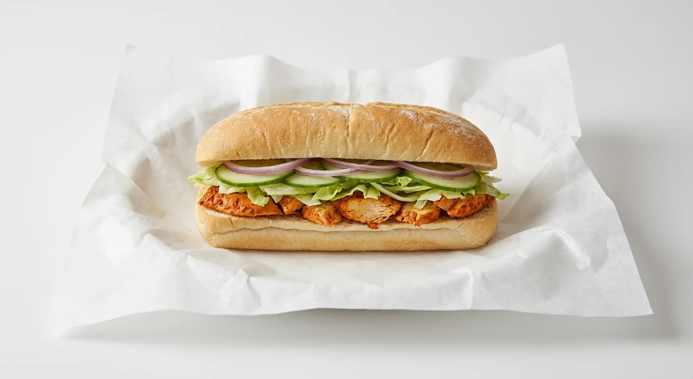 Subway Chicken Tikka 6 Inch Sub, spiced chicken tikka with lettuce, cucumber and red onion in Italian white bread on white paper, nutrition and calories