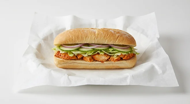 Subway Chicken Tikka 6 Inch Sub, spiced chicken tikka with lettuce, cucumber and red onion in Italian white bread on white paper, nutrition and calories