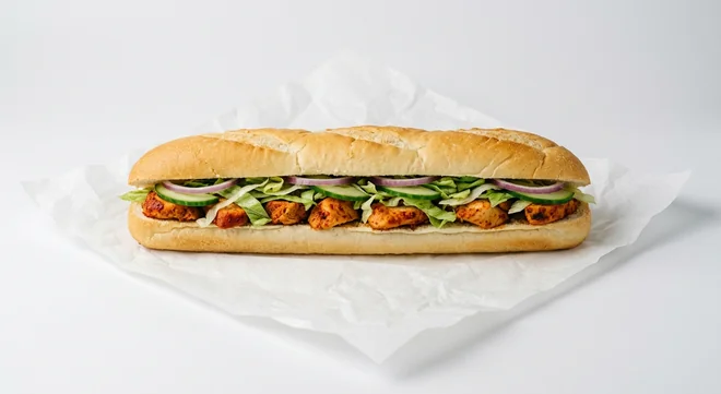 Subway Chicken Tikka Footlong Sub, spiced chicken tikka with lettuce, cucumber and red onion in Italian white bread on white paper, nutrition and calories