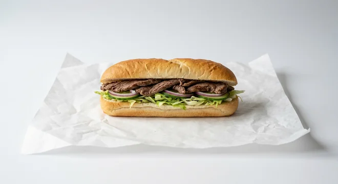Subway Philly Steak 6 Inch Sub, sliced steak with lettuce, cucumber and red onion in Italian white bread on white paper, nutrition and calories