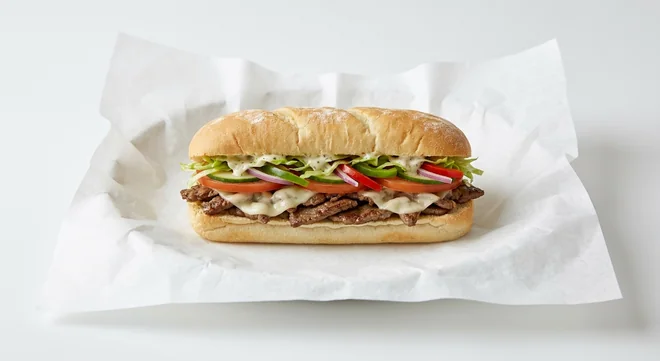 Subway Garlic Cheesesteak 6 Inch Sub, steak with melted cheese, salad, peppers and garlic and herb sauce in Italian white bread on white paper, nutrition and calories