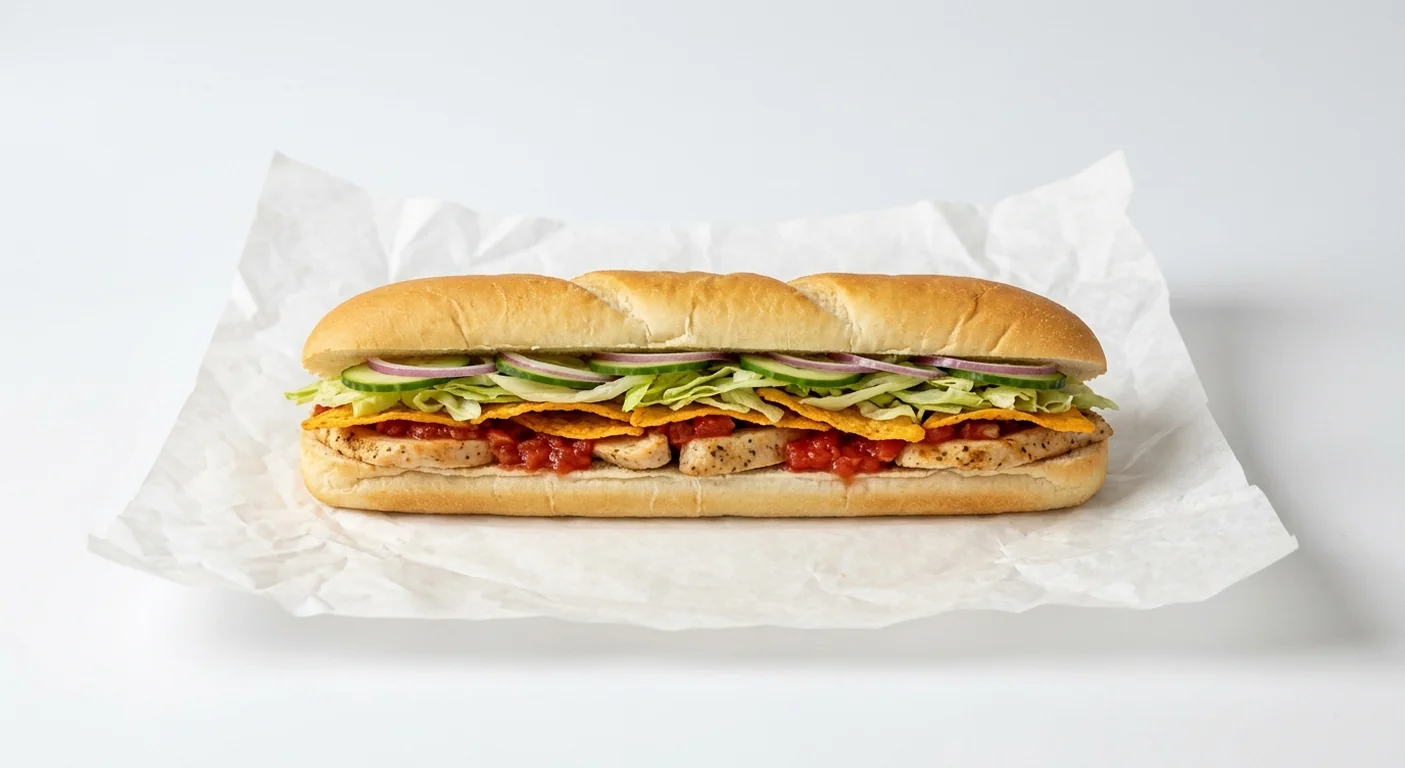 Subway Tex Mexan Footlong Sub, chicken with salsa, tortilla chips, lettuce, cucumber and red onion in Italian white bread on white paper, nutrition and calories