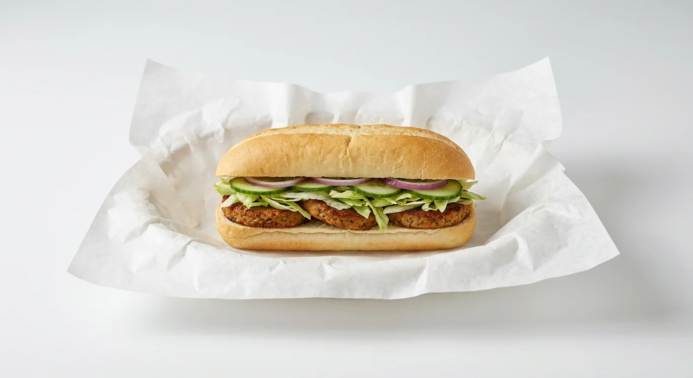 Subway Spiced Plant Patty 6 Inch Sub, spiced plant patties with lettuce, cucumber and red onion in Italian white bread on white paper, nutrition and calories