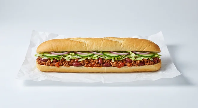 Subway Beef Chilli Footlong Sub, beef chilli with lettuce, cucumber and red onion in Italian white bread on white paper, nutrition and calories