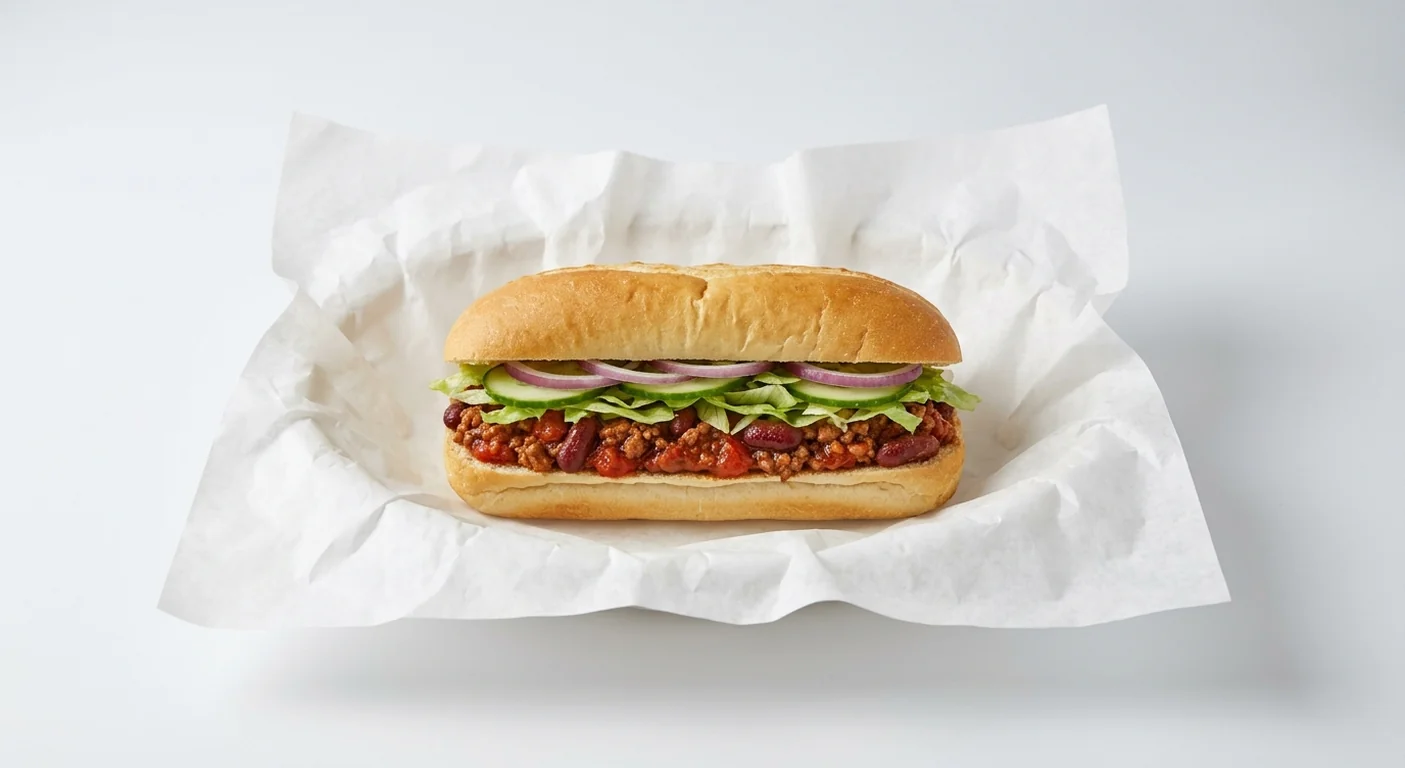 Subway Beef Chilli 6 Inch Sub, beef chilli with lettuce, cucumber and red onion in Italian white bread on white paper, nutrition and calories