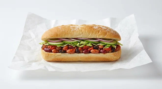 Subway 5 Bean Chilli 6 Inch Sub, five bean chilli with lettuce, cucumber and red onion in Italian white bread on white paper, nutrition and calories