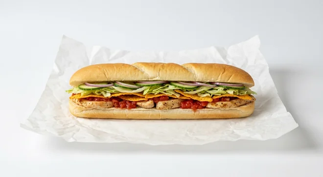 Subway Tex Mexan Footlong Sub, chicken with salsa, tortilla chips, lettuce, cucumber and red onion in Italian white bread on white paper, nutrition and calories