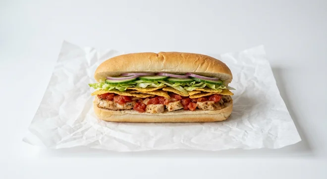 Subway Tex Mexan 6 Inch Sub, chicken with salsa, tortilla chips, lettuce, cucumber and red onion in Italian white bread on white paper, nutrition and calories