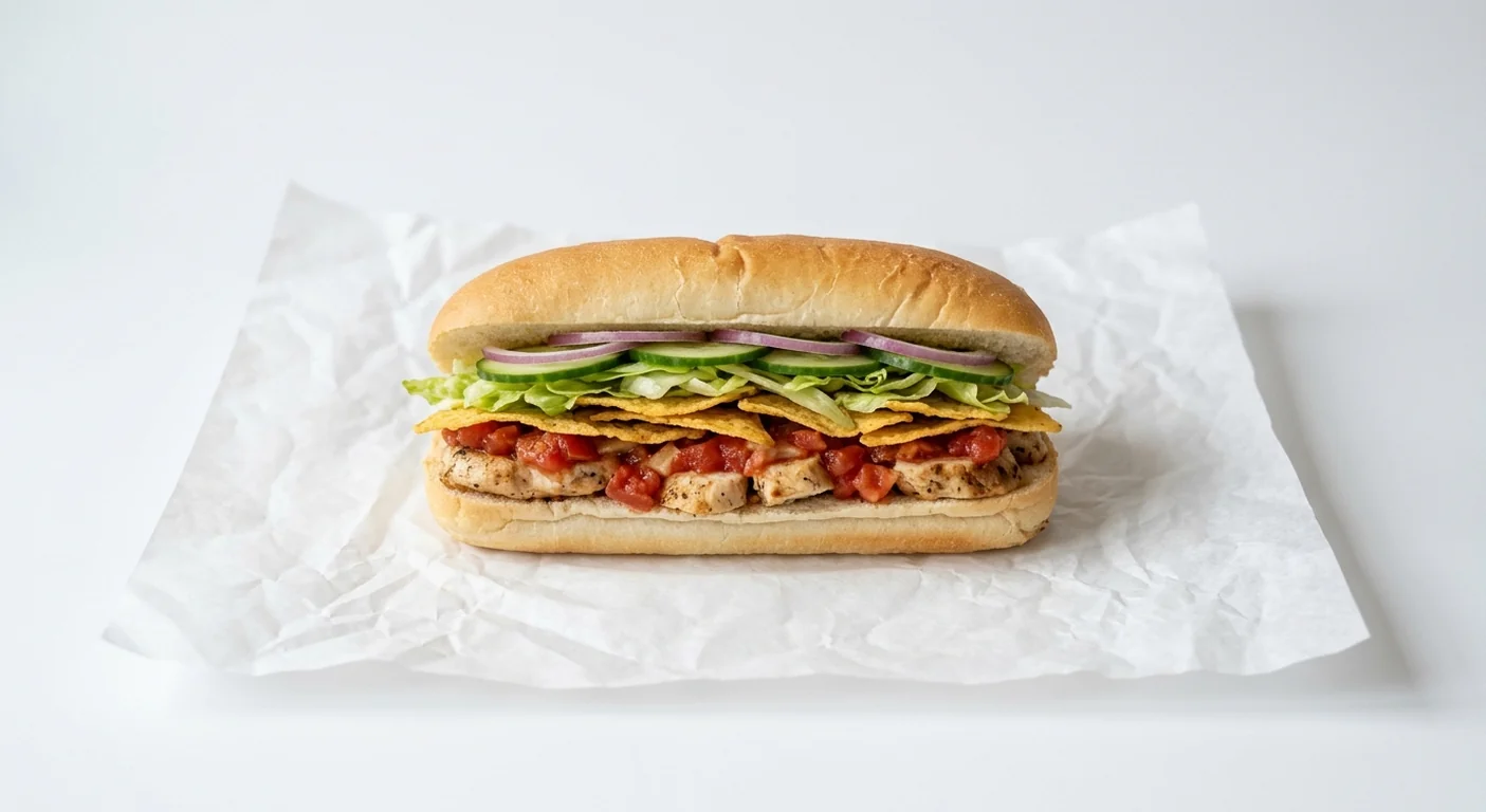 Subway Tex Mexan 6 Inch Sub, chicken with salsa, tortilla chips, lettuce, cucumber and red onion in Italian white bread on white paper, nutrition and calories