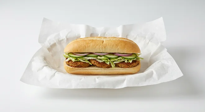 Subway Spiced Plant Patty 6 Inch Sub, spiced plant patties with lettuce, cucumber and red onion in Italian white bread on white paper, nutrition and calories