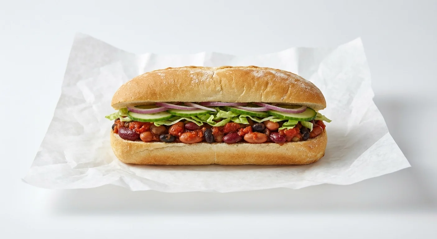 Subway 5 Bean Chilli 6 Inch Sub, five bean chilli with lettuce, cucumber and red onion in Italian white bread on white paper, nutrition and calories