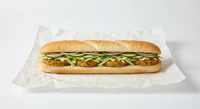 Subway Spiced Plant Patty Footlong Sub, spiced plant patties with lettuce, cucumber and red onion in Italian white bread on white paper, nutrition and calories