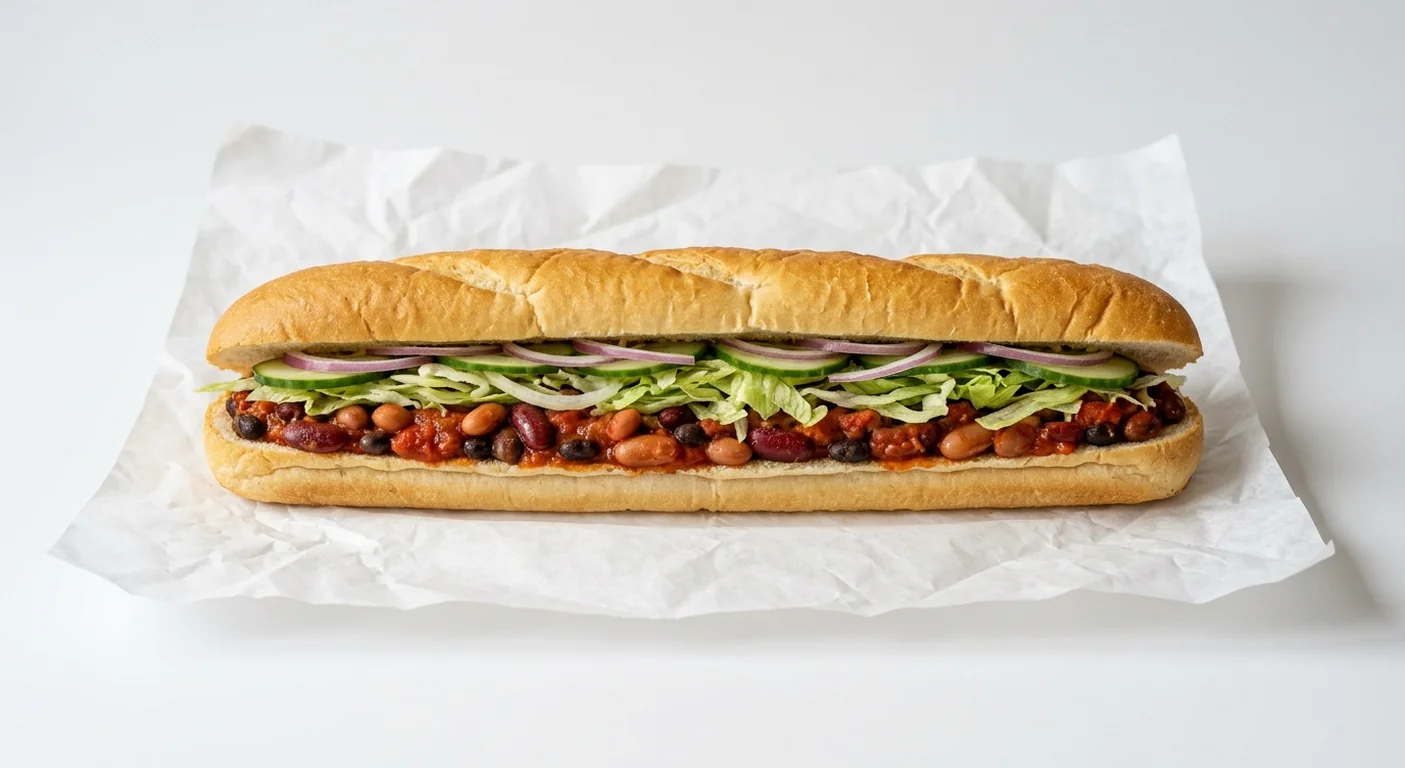 Subway 5 Bean Chilli Footlong Sub, five bean chilli with lettuce, cucumber and red onion in Italian white bread on white paper, nutrition and calories