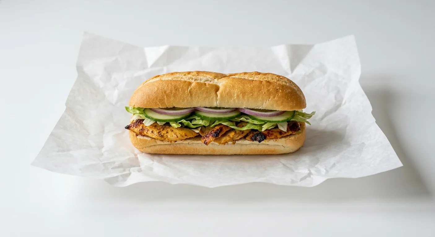 Subway Shawarma Spiced Chicken (6"), shawarma spiced chicken with lettuce, cucumber and red onion in Italian white bread on white paper, nutrition and calories