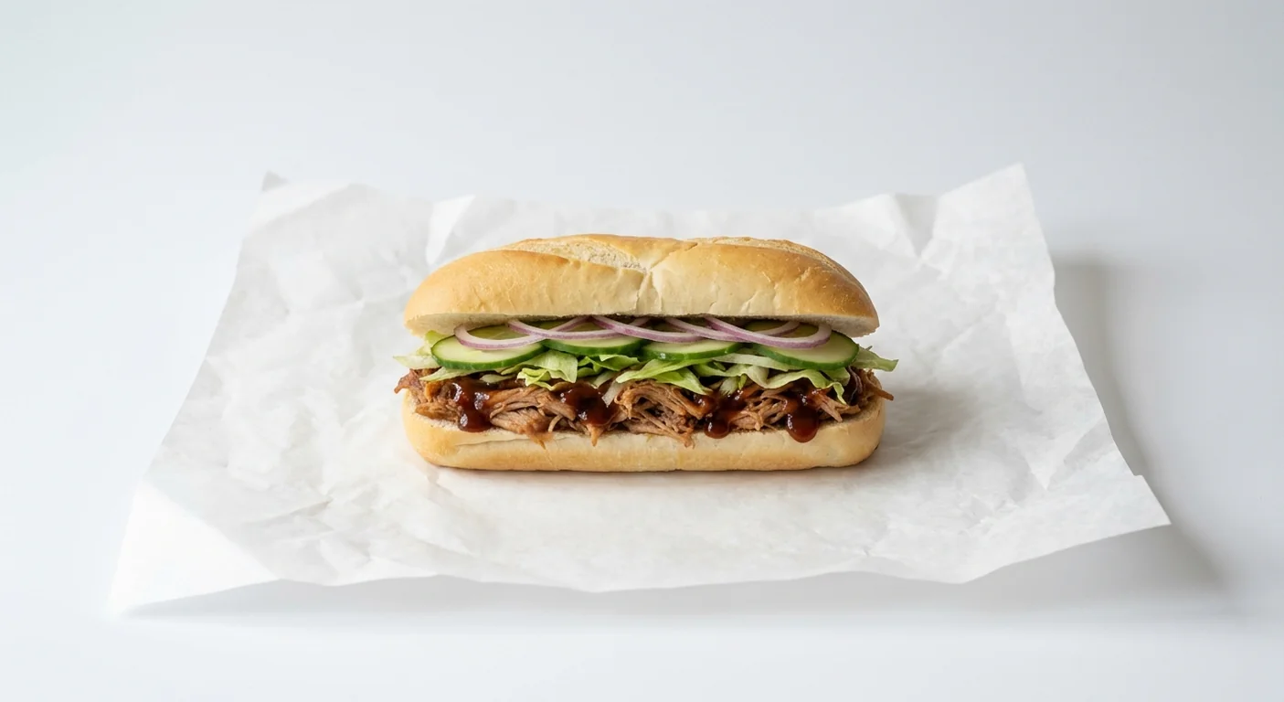 Subway Pulled Pork (6"), BBQ pulled pork with lettuce, cucumber and red onion in Italian white bread on white paper, nutrition and calories