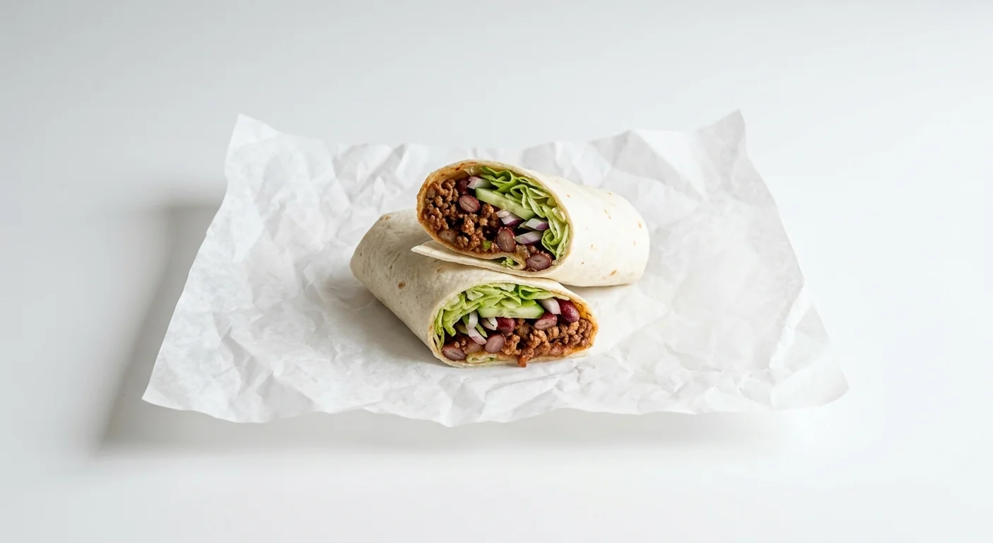 Subway Beef Chilli Wrap, beef chilli with lettuce, cucumber and red onion in a flour tortilla, cut in half on white paper, nutrition and calories