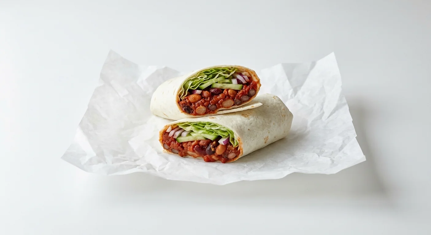 Subway 5 Bean Chilli Wrap, five bean chilli with lettuce, cucumber and red onion in a flour tortilla, cut in half on white paper, nutrition and calories