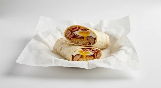 Subway Big Breakwich Wrap, bacon, sausage, hash brown and poached egg in a flour tortilla, cut in half on white paper, nutrition and calories