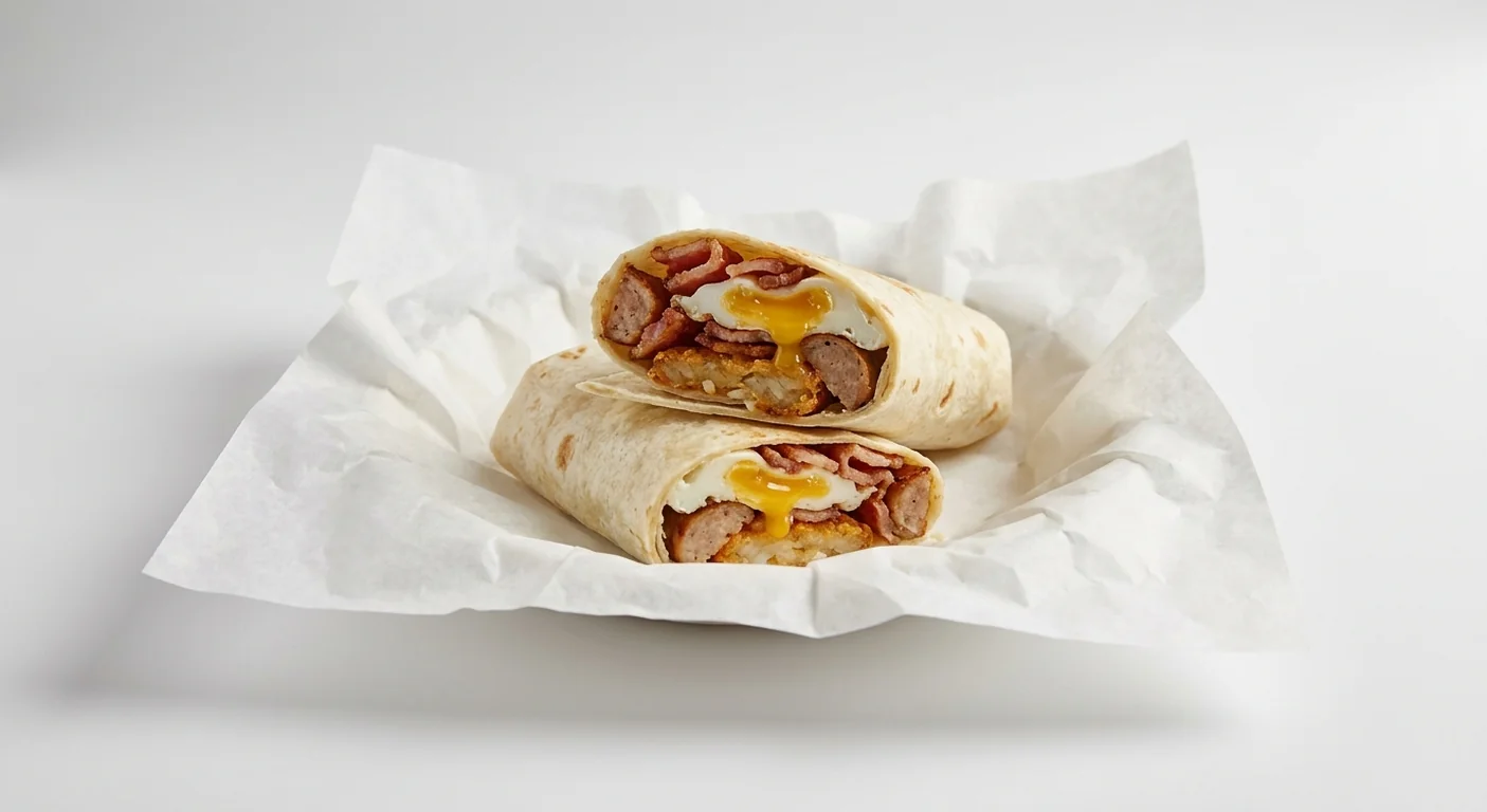 Subway Big Breakwich Wrap, bacon, sausage, hash brown and poached egg in a flour tortilla, cut in half on white paper, nutrition and calories