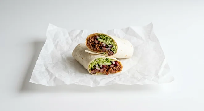 Subway Beef Chilli Wrap, beef chilli with lettuce, cucumber and red onion in a flour tortilla, cut in half on white paper, nutrition and calories