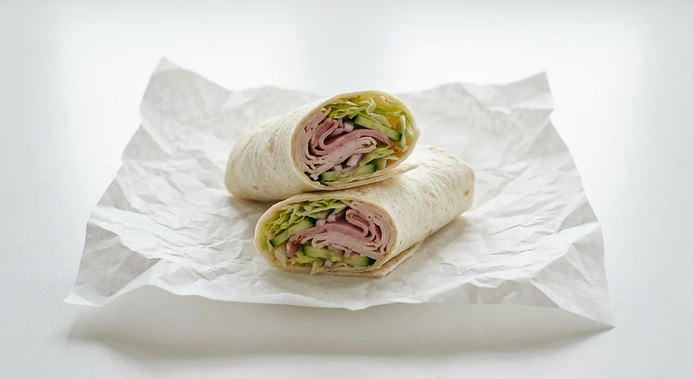 Subway Ham and Turkey Wrap, sliced ham and turkey with lettuce, cucumber and red onion in a flour tortilla, cut in half on white paper, nutrition and calories