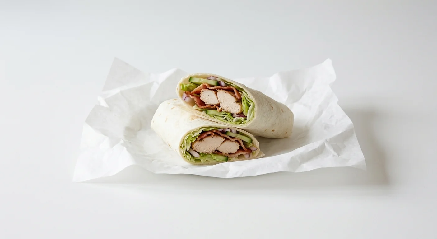 Subway Chicken and Bacon Wrap, chicken and bacon with lettuce, cucumber and red onion in a flour tortilla, cut in half on white paper, nutrition and calories