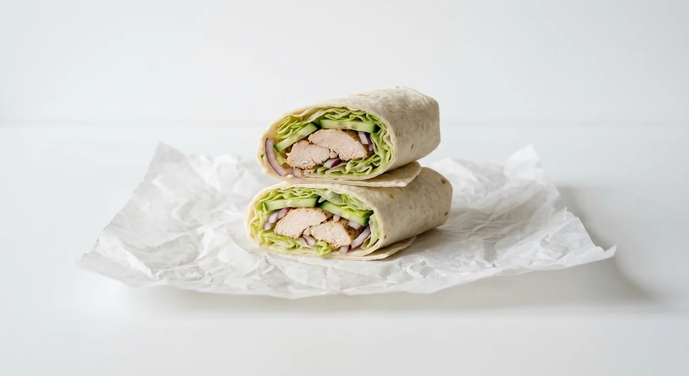 Subway Chicken Breast Wrap, sliced roast chicken breast with lettuce, cucumber and red onion in a flour tortilla, cut in half on white paper, nutrition and calories