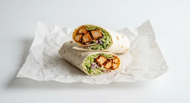 Subway Chicken Tikka Wrap, spiced chicken tikka with lettuce, cucumber and red onion in a flour tortilla, cut in half on white paper, nutrition and calories