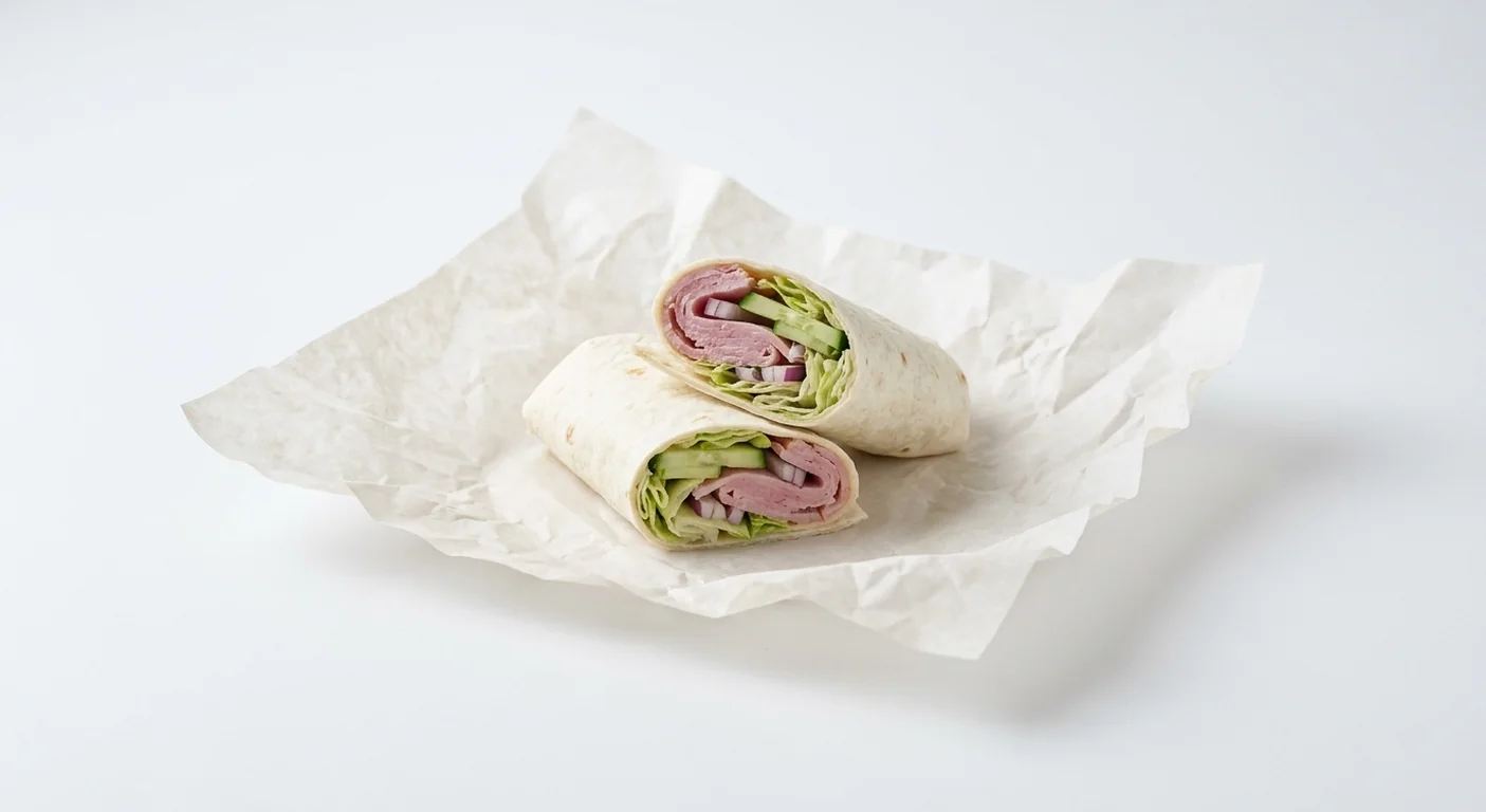 Subway Ham Wrap, sliced ham with lettuce, cucumber and red onion in a flour tortilla, cut in half on white paper, nutrition and calories