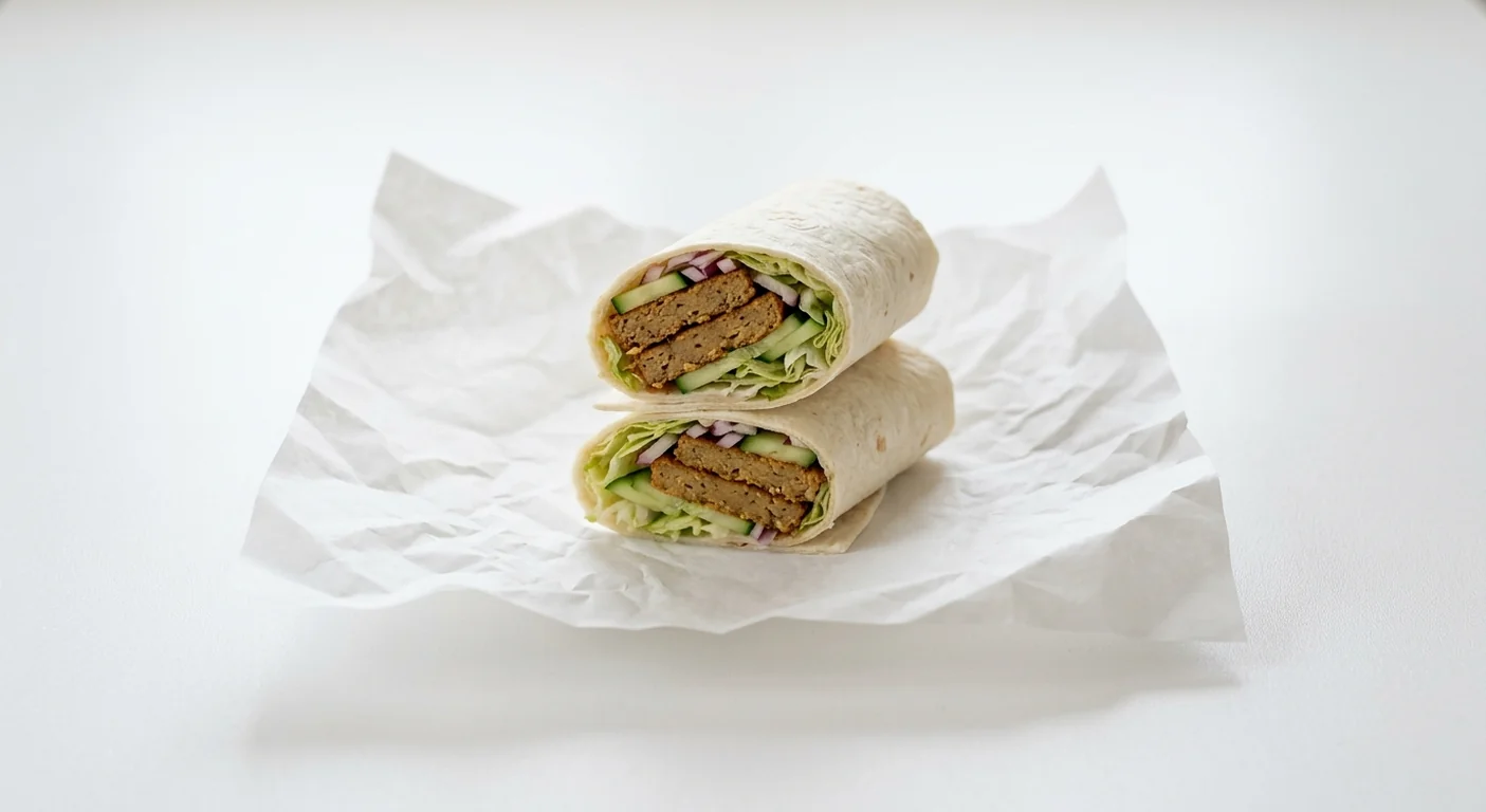 Subway Spiced Plant Patty Wrap, spiced plant patties with lettuce, cucumber and red onion in a flour tortilla, cut in half on white paper, nutrition and calories