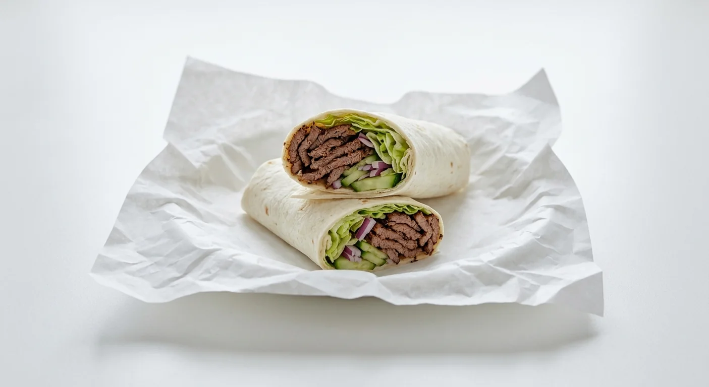 Subway Philly Steak Wrap, sliced steak with lettuce, cucumber and red onion in a flour tortilla, cut in half on white paper, nutrition and calories
