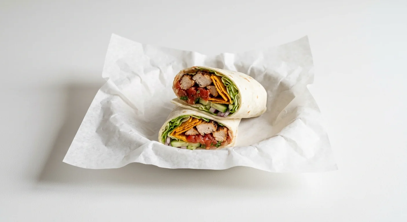 Subway Tex Mexan Wrap, chicken, salsa and tortilla chips with lettuce, cucumber and red onion in a flour tortilla, cut in half on white paper, nutrition and calories