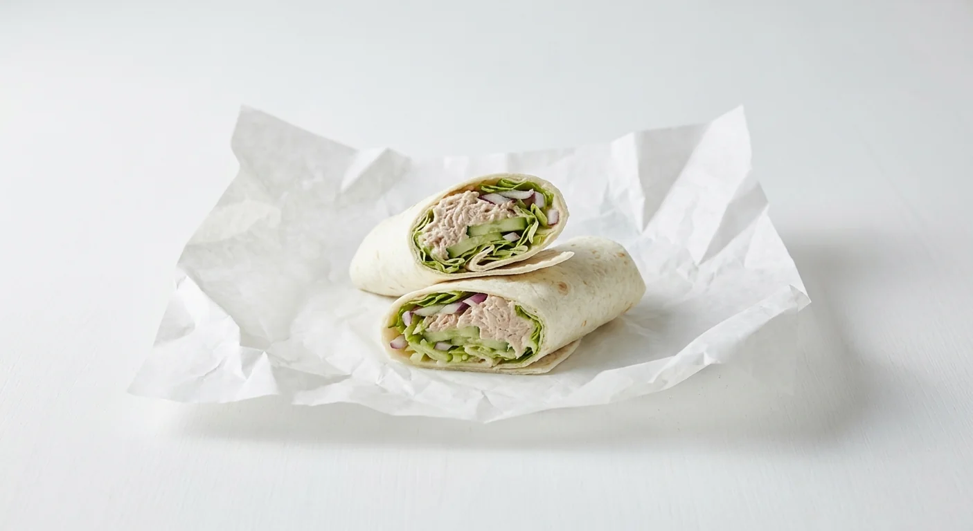 Subway Tuna Mayo Wrap, creamy tuna mayo with lettuce, cucumber and red onion in a flour tortilla, cut in half on white paper, nutrition and calories